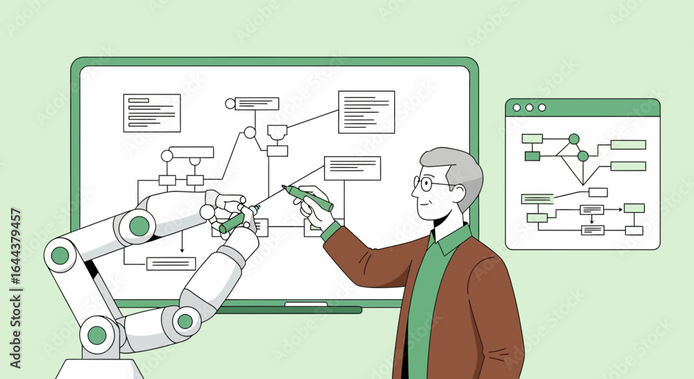 Poster human and robot collaboration designing process flow diagrams on interactive display