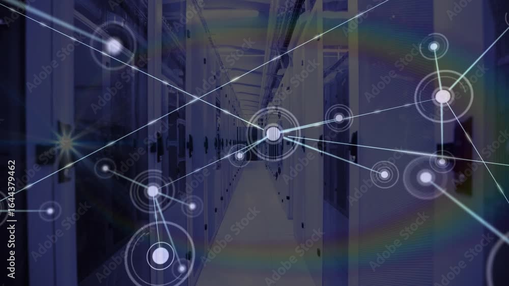 Poster central glow initiating network nodes expanding among racks with links, flares mapping data flow