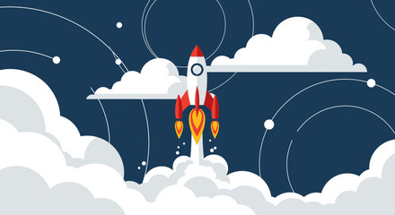 Flat vector illustration of a rocket launch in the sky with clouds and blue background ready to explore new horizons and new success