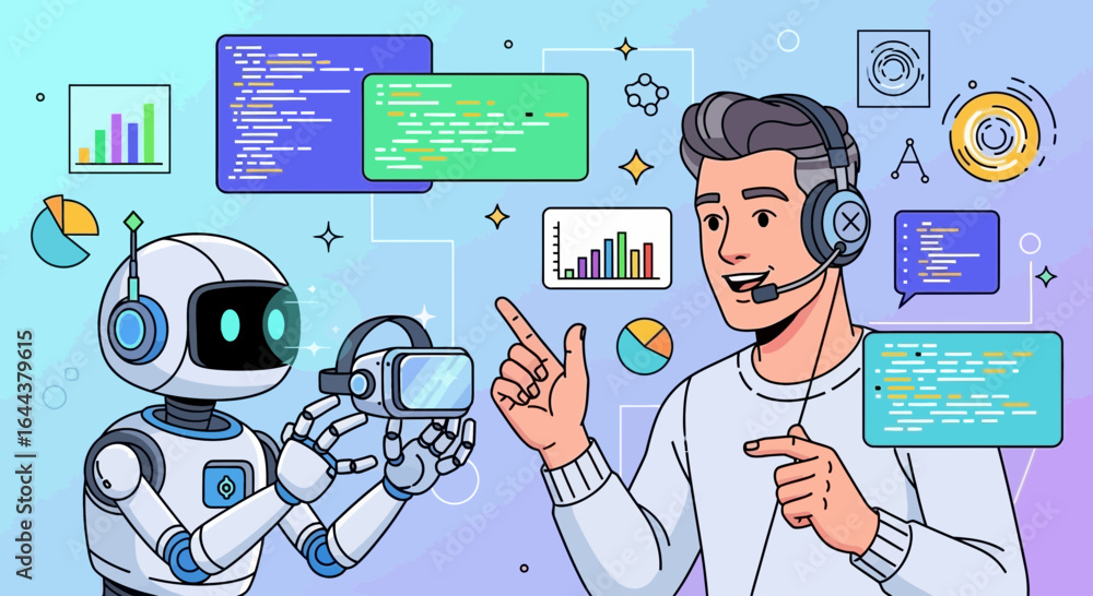 Poster human and robot collaboration in virtual reality software development concept