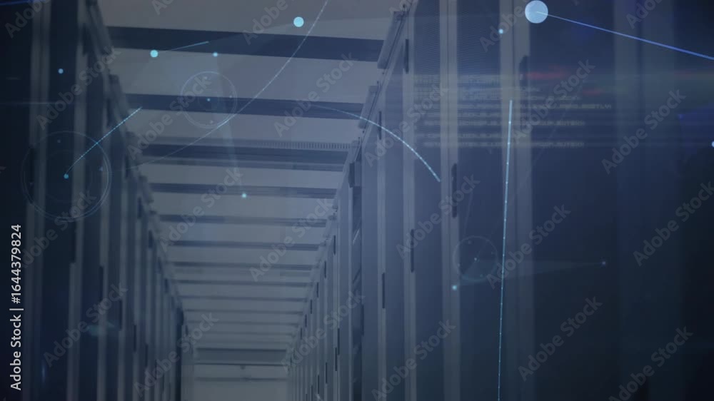 Aufkleber glowing data particles emerging in rack aisle, forming connecting lines showing digital transfer
