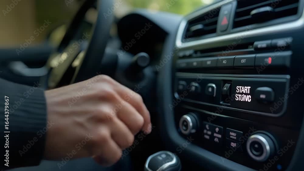 Poster close up of man pressing start button in car motor - ignition sequence initiation, blending mechanic