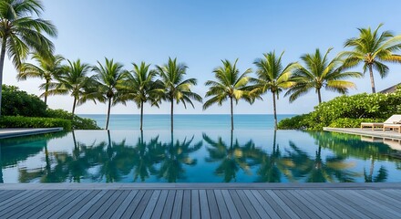 Fototapeta premium Luxurious infinity pool overlooking the ocean with palm trees and a clear blue sky, perfect for a tropical vacation