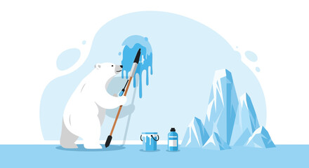 Humorous depiction of a polar bear painting its arctic environment bluer creatively