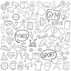 Gym Doodle Icons Black and White Line Art. Fitness Clipart Hand Drawn Symbol Design.