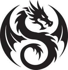 black and white stylized dragon silhouette logo emblem for fantasy design isolated vector illustration on white