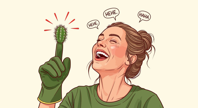 Humorous illustration of a woman laughing with a cactus on her finger funny design