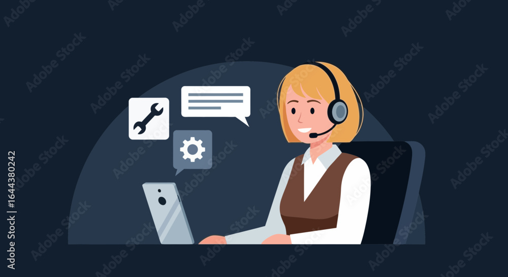 Poster friendly customer support representative assisting with technical issues online smiling and professi