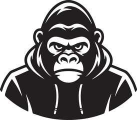 aggressive gorilla head hoodie up vector black white bold line art urban emblem icon for sportswear and branding