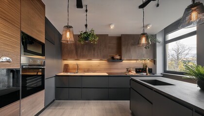 sleek modern kitchen with dark cabinetry wooden accents and pendant lights creating a cozy atmosphere