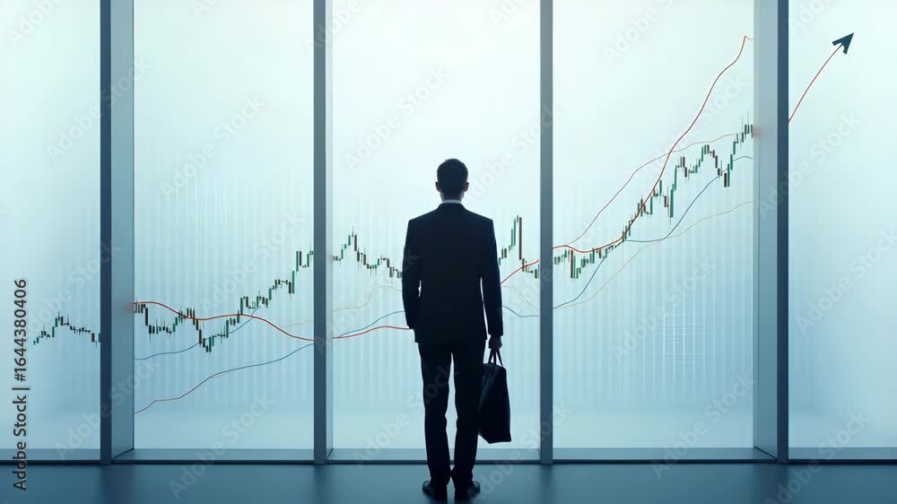 Poster back view of a businessman analyzing stock market trends on white background - conceptual photo with