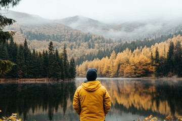 Hiker admiring stunning autumn landscape reflecting in a mountain lake
