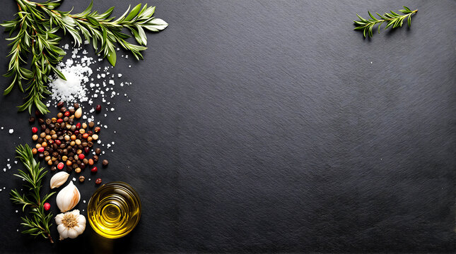 Culinary Herbs, Spices, and Oil on Slate