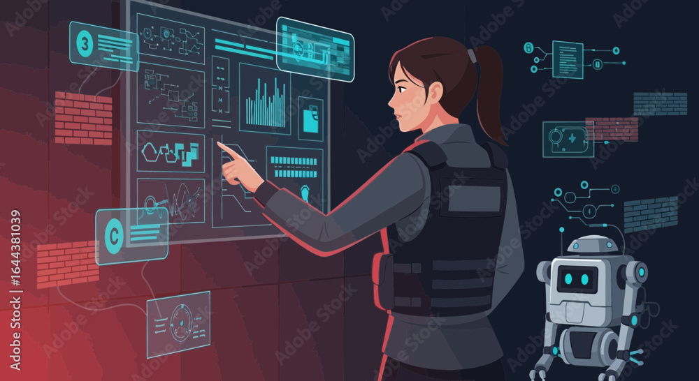 Aufkleber futuristic cyber security professional analyzing data on holographic screen with robot companion