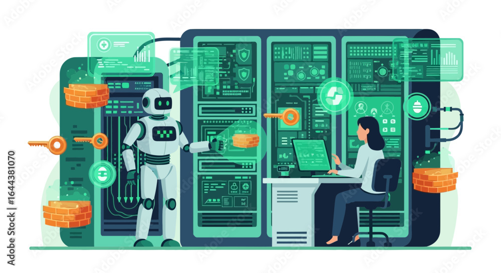 Aufkleber futuristic cybersecurity solutions with a robot and a woman working on servers for data protection a