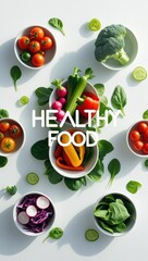 Minimalist Healthy Food Bowl Collection: A Vibrant Top-Down Layout with Fresh Vegetables and Modern Typography