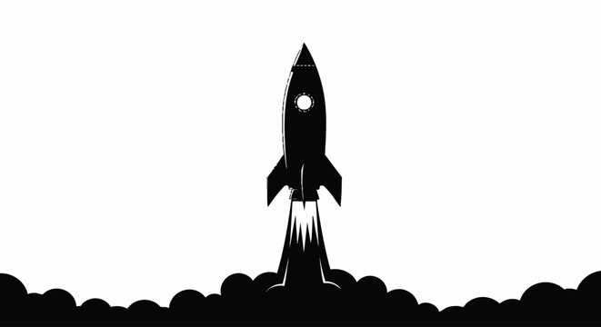 Black silhouette of a classic rocket ship launching upwards, with exhaust flames and smoke clouds.