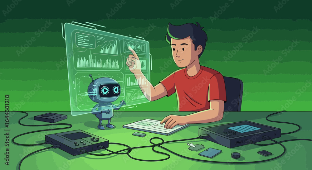 Aufkleber illustration depicting a developer interacting with holographic interface and robot assisting him wi