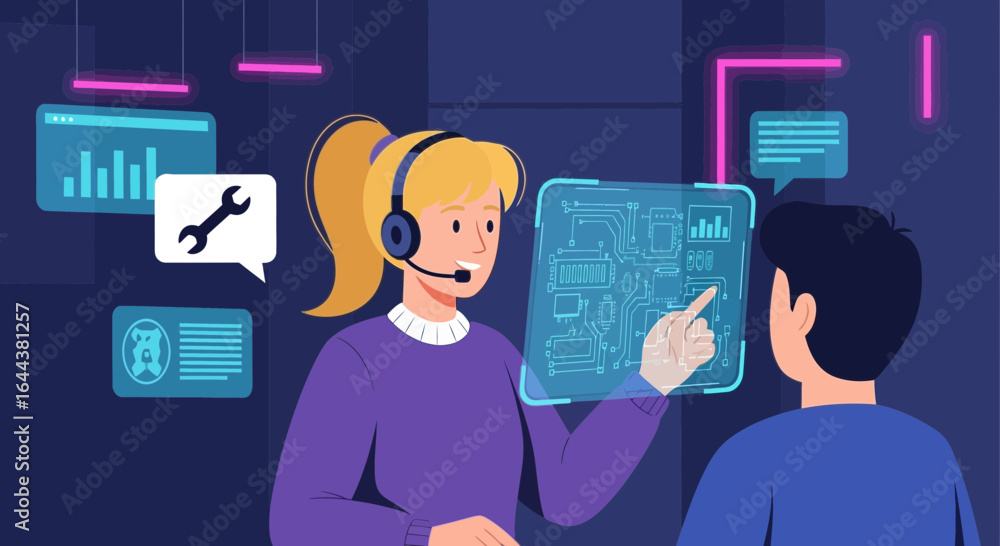 Aufkleber futuristic technical support representative assists customer with a digital interface solution