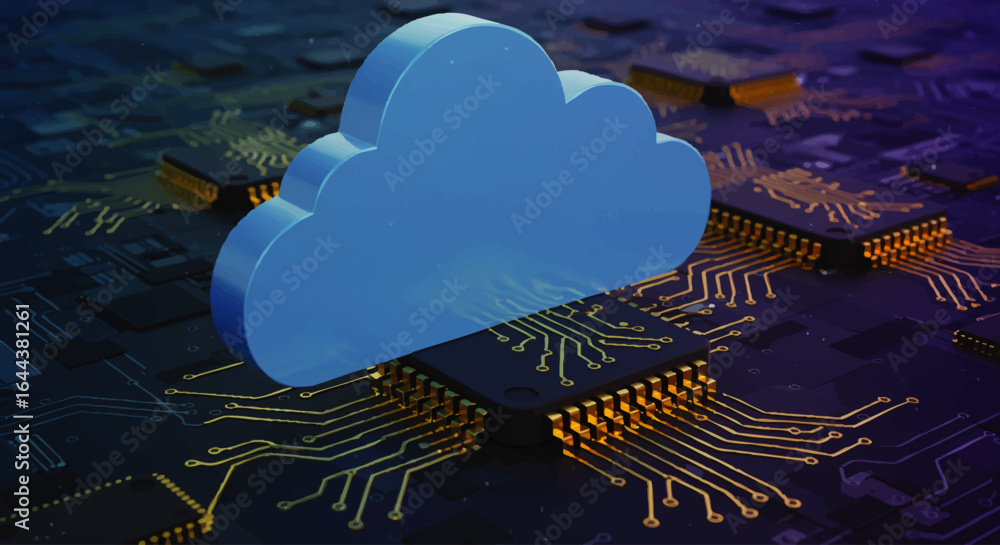 Poster blue 3d cloud symbol integrated with a computer chip on a circuit board with glowing golden traces.
