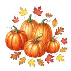 Luminous Watercolor Pumpkin Cluster with Swirling Autumn Leaves