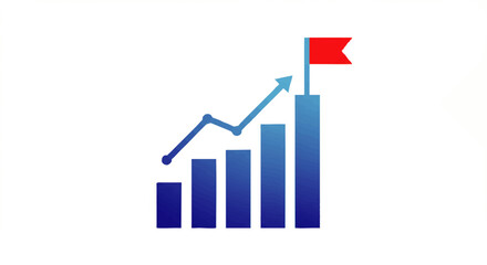 Blue business growth chart with an ascending arrow line graph and a red flag on top.
