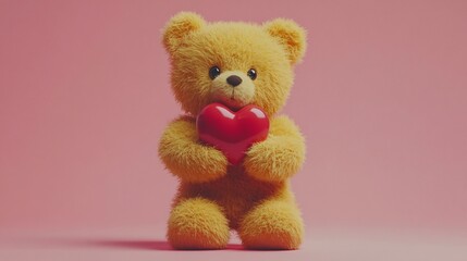 Teddy bear holding a heart against pink
