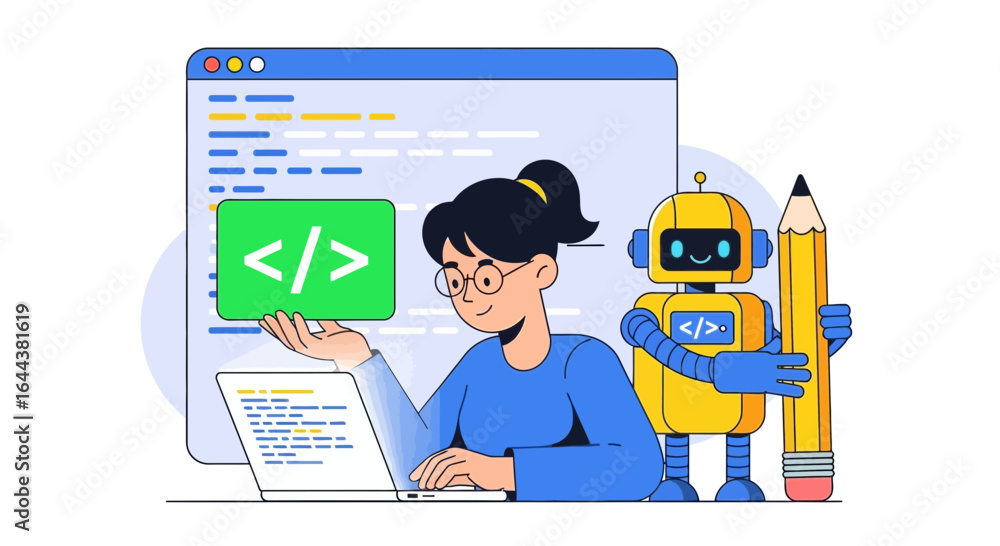 Aufkleber illustration depicting a woman coding with a robot assistant, highlighting modern software developme