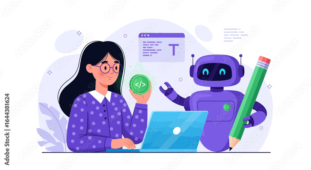 Aufkleber illustration depicting a woman coding with the assistance of an ai robot for streamlined development
