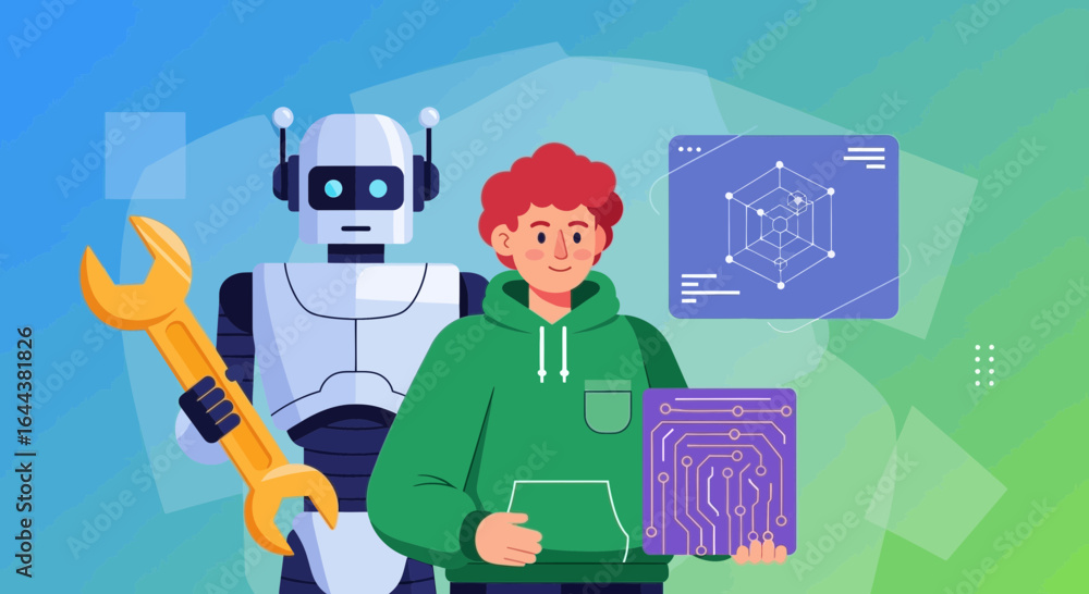 Poster illustration featuring a robot, human engineer, programming interface, and circuit board concept aut