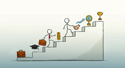 Cartoon Illustration of Career Progression, Success, and Achievement.