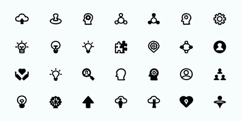 Idea Generation & Brainstorming Line Art Vector Icons &mdash; Innovation Process, Mind Mapping, Collaboration, Problem Solving, and Workshop Symbols for Creative Teams

