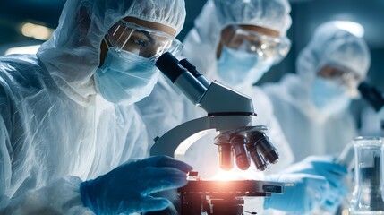 Scientists in protective gear using a microscope in a laboratory setting.