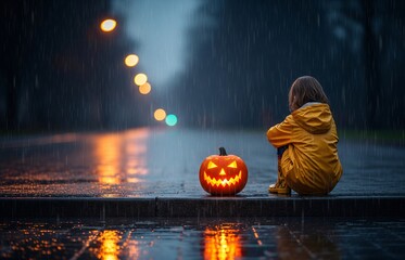 On a Chilly and Rainy Halloween Night, a Child Sits and Gazes at a Carved Pumpkin&rsquo;s Warm Light, Experiencing the Quiet and Reflective Moment Alone