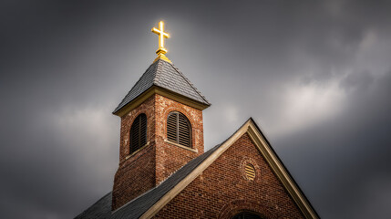 A brick church steeple against a dramatic sky.