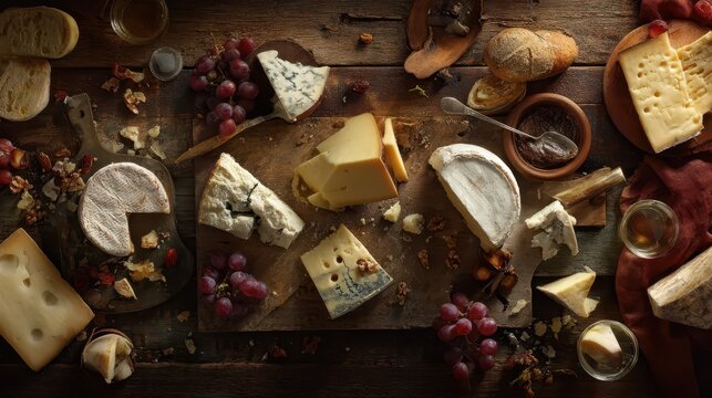 Assorted cheeses displayed on a rustic wooden table.