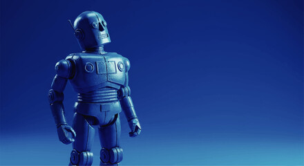 Fototapeta premium Classic blue toy robot with a single antenna looking upwards and to the side.