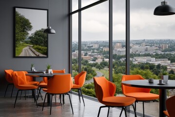 Modern cafe with panoramic city view