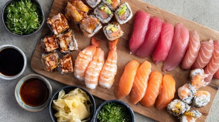 Various sushi and sashimi dishes displayed on a wooden board.