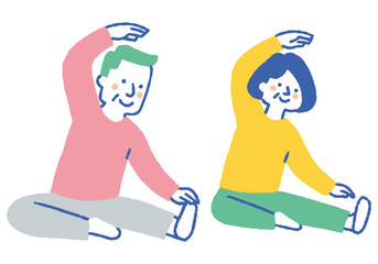 Elderly couple doing stretching exercises indoors_Color