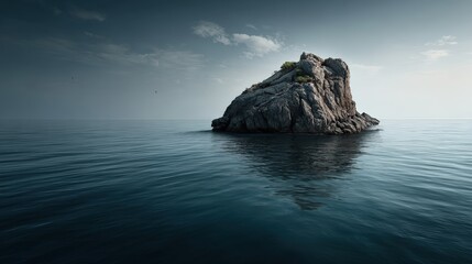 Naklejka premium Serene ocean scene featu a solitary rocky island under a partly cloudy sky du daytime with gentle waves and peaceful maritime atmosphere