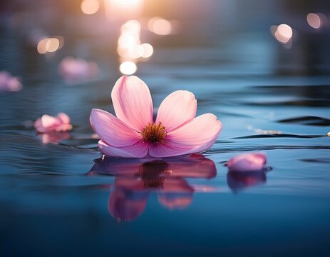 pink flower petals illuminated on water surface