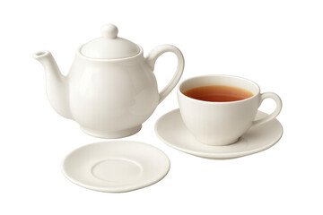 White teapot pouring tea into tea cup on transparent background