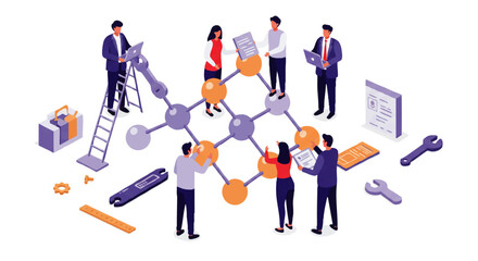 Collaborative team of business people building a complex molecular network structure with tools.