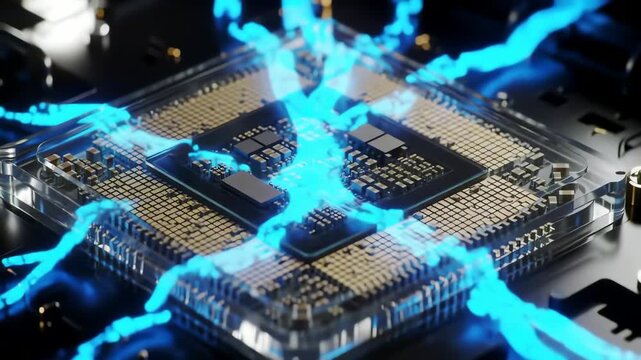 Close-up 3D render of microchip integrated with glowing DNA helix strand, concept of artificial intelligence, genetic computing, and advanced biotechnology interface