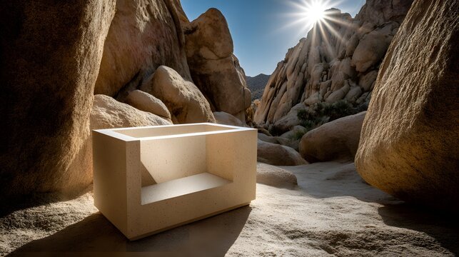 Light beige, boxy outdoor seat in a desert canyon.