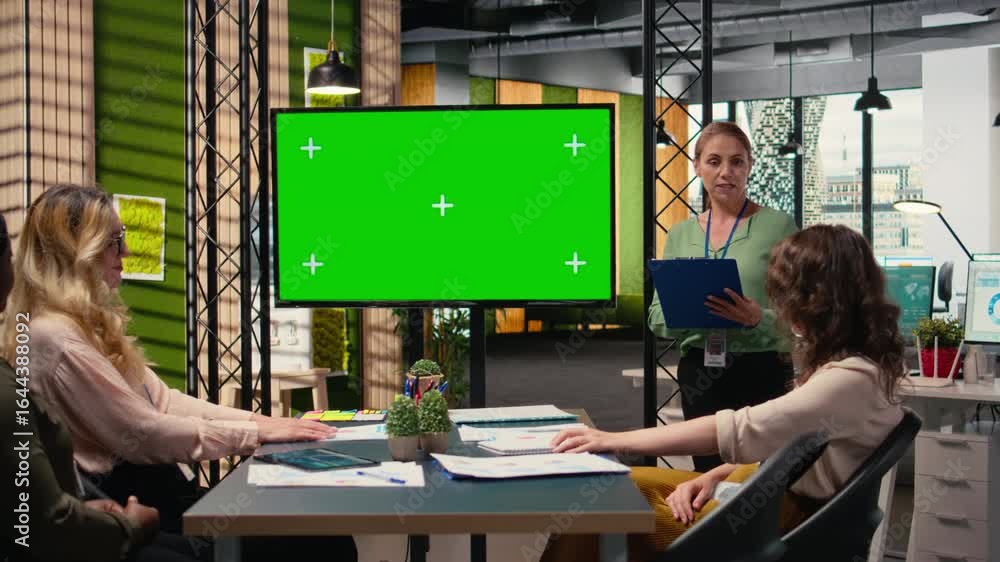 Aufkleber multiethnic corporate staff gathers in front of a green screen tv display, preparing a pitch that wi