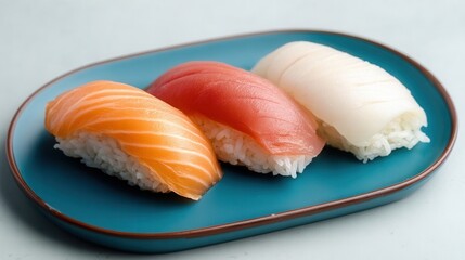 Three Pieces of Colorful Nigiri Sushi Sit on Blue Plate in Studio