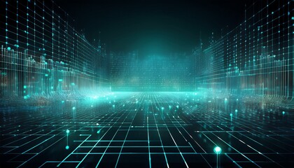 abstract digital grid with glowing dots in a teal and gray color scheme portraying futuristic dashboards interface mockups or secure data system visualizations