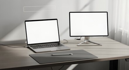 Fototapeta premium Clean workspace mockup: Laptop and monitor with blank screens on a desk, bright minimalist setting, flat lay, neutral color